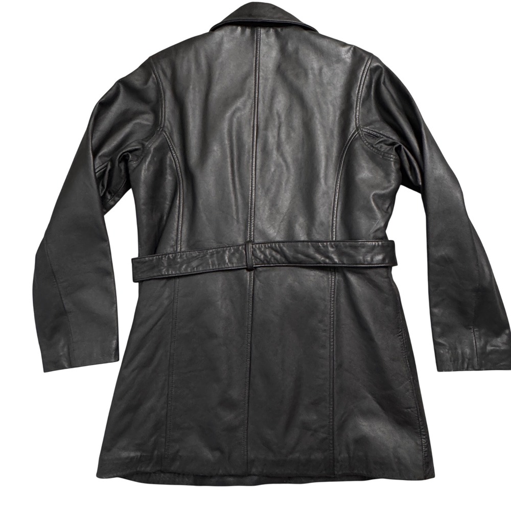 Henig Furs Genuine Leather Belted Trench Coat Womens Size Medium Black - Picture 7 of 14
